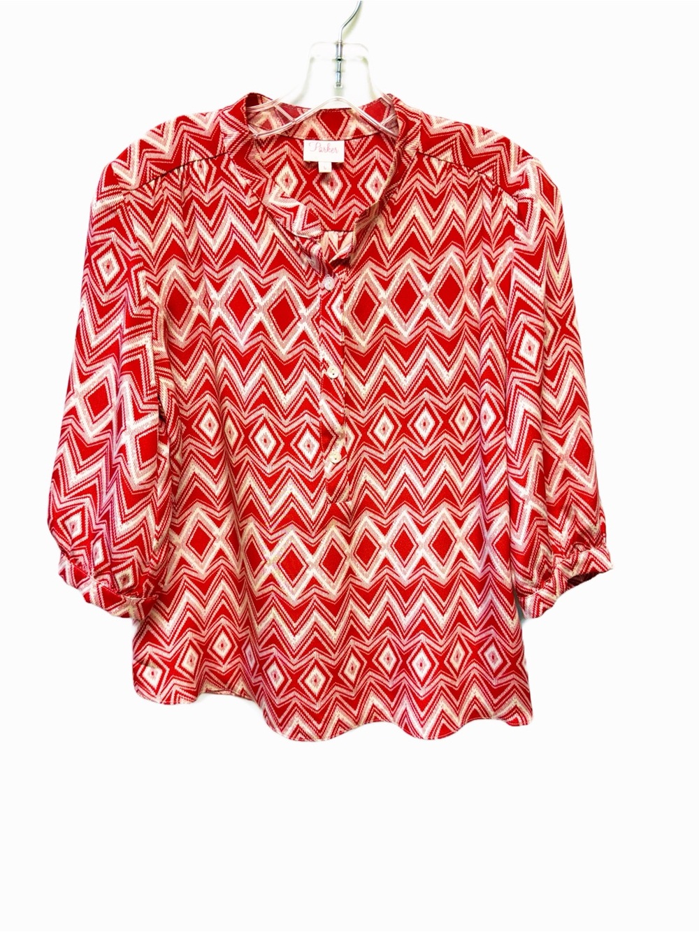 Parker Red & White Silk Graphic Print Top Blouse Size L
